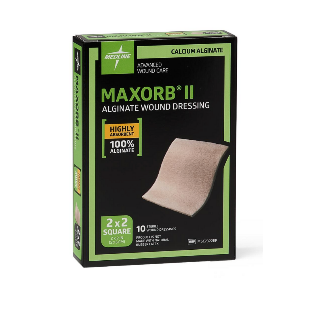A box of Maxorb II Alginate Wound Dressings - Highly Absorbant contains 10 sterile 2x2 inch dressings, made from 100% calcium alginate for advanced wound care and effective absorption.